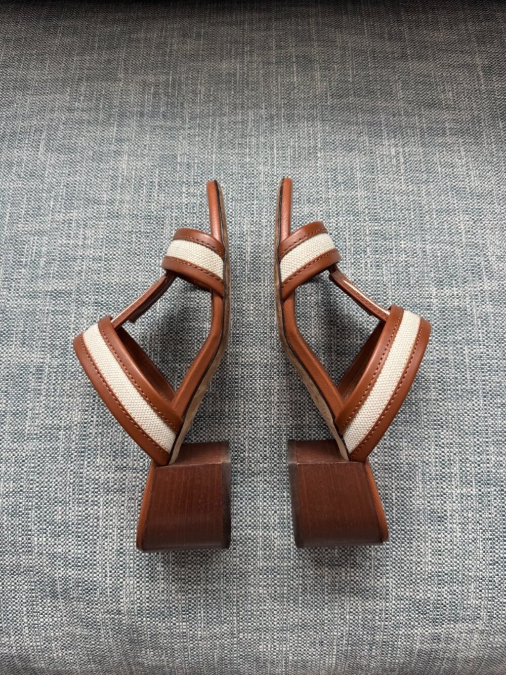 Tod's Double T Heeled Sandal | Brown Leather & Ivory White Canvas | Size 36 6 - Picture 5 of 10